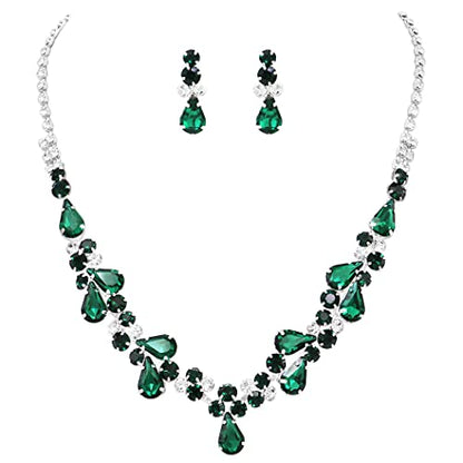 Rosemarie Collections Women's Stunning Rhinestone Crystal Teardrop Statement Necklace Hypoallergenic Drop Earrings Set, 15"+6" Extender - color: Emerald Green Silver Tone