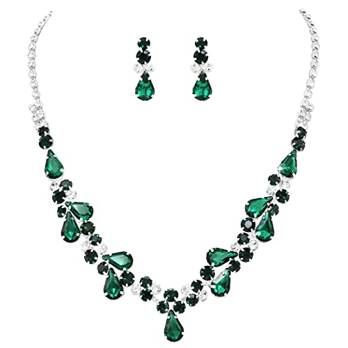 Rosemarie Collections Women's Stunning Rhinestone Crystal Teardrop Statement Necklace Hypoallergenic Drop Earrings Set, 15"+6" Extender - color: Emerald Green Silver Tone