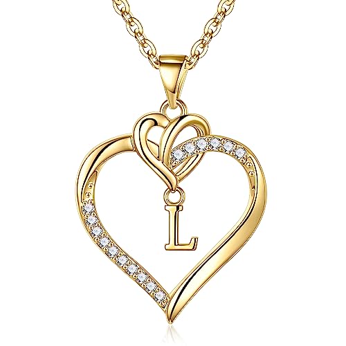 STORUP Heart Initial Necklaces for Women Girls, Initial A-Z Heart Necklace | 14K-Gold-Plated, Initial Heart Necklaces for Teen Girl Jewelry, Anniversary Birthday Gifts for Girls Women Her Wife Mom - color: Gold, style: L