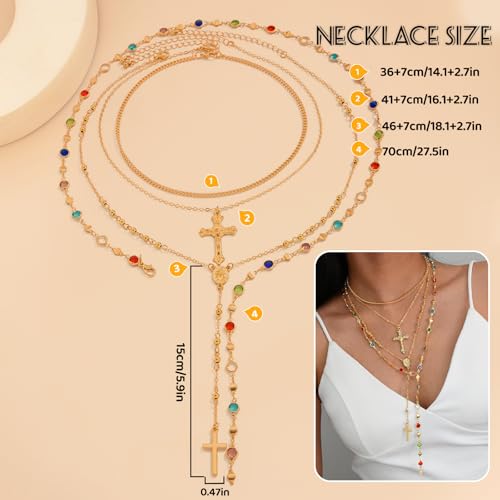 Layered Cross Necklace Set for Women, Layered Choker Necklaces Trendy Jewelry, Colorful Enamel Beaded Y-Shaped Lariat Necklace, Boho Multilayer Cross Necklace for Party and Daily Wear - color: Gold-02