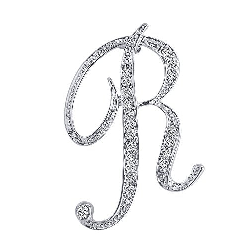 A-Z 26 Letters Pins Brooches Silver Plated Metal Broaches Pins-Clear Crystal Initial Breastpin - color: 1pcs-R