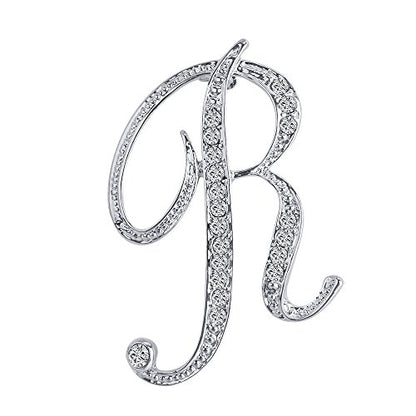 A-Z 26 Letters Pins Brooches Silver Plated Metal Broaches Pins-Clear Crystal Initial Breastpin - color: 1pcs-R