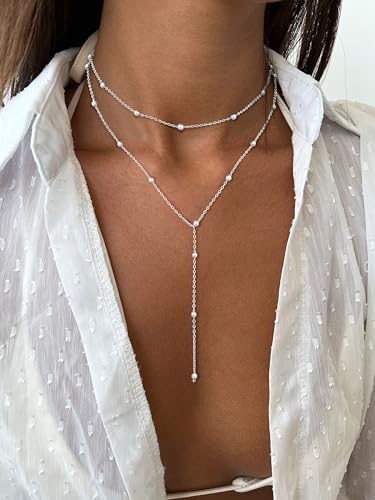 Lariat Gold Necklaces for Women Trendy Dainty Long Necklace 14k Gold Plated/Silver Layered Drop Beaded Chain Necklaces Y-shaped Pendant Necklace Simple Gold Jewelry Gifts - color: Beaded-Silver