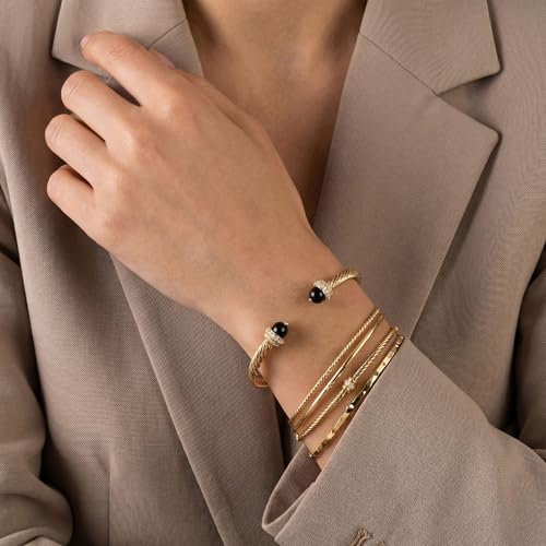 Fettero Gold Cuff Bangle Bracelets for Women - Adjustable Open Cuff Bangles 14K Gold Plated Charm Twisted Cable Bangle Bracelet for Mom Dainty Jewelry Gift - color: Black