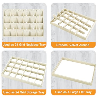24 Grid Stackable Jewelry Tray Organizer with Removable Divider Velvet Tray | Jewelry Display Tray for Earrings Necklaces Bracelet Rings Display Showcase - Light Khaki - color: Light Khaki