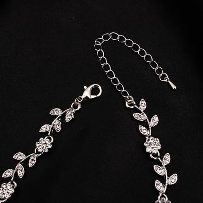 Austrian Crystal Rhinestone Choker Necklace Elegant Flower Leaf Chain Necklace Jewelry for Party Prom Costume Accessories for Women - color: White-Platinum Plated