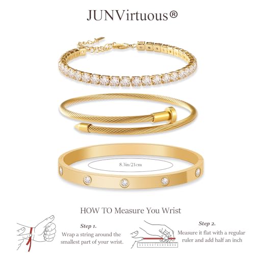 JUNVirtuous 3-Pack Gold Bracelets for Women,18K Gold Plated Bangle Tennis Bracelets Stack Set for Women Trendy Non Tarnish Stainless Steel Gold Bangles Accessories Designer Jewelry Pulseras Para Mujer