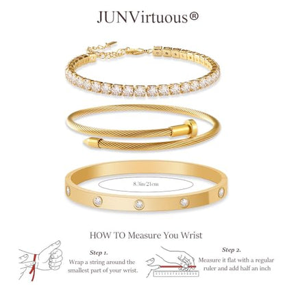 JUNVirtuous 3-Pack Gold Bracelets for Women,18K Gold Plated Bangle Tennis Bracelets Stack Set for Women Trendy Non Tarnish Stainless Steel Gold Bangles Accessories Designer Jewelry Pulseras Para Mujer