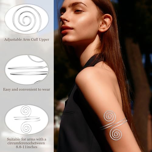 6 Pieces Upper Arm Cuff Arm Band Cuff Bangle Bracelet for Women Hammered Chunky Bracelets Open Wide Wire Bracelets Minimalist Coil Bangle Set Gold Sliver Wrist Cuff Wrap Bracelet Adjustable - color: Silver Cuff Bracelets A