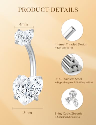 Hypoallergenic Belly Button Ring for Women | 14G, Stainless Steel, Gold Heart CZ Beaded Ball Pearl Belly Ring Stack, Curved Navel Belly Button Piercing Body Jewelry, 9PCS - color: 6PCS-Silver Plated