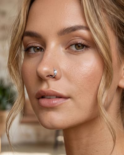 Jewseen 5Pcs Stainless Steel Nose Rings Hoops 20g Opal Nose Studs L Shaped Nose Rings Nose Piercing Jewelry Cartilage Hoop Helix Tragus Daith Earrings for Women - color: white