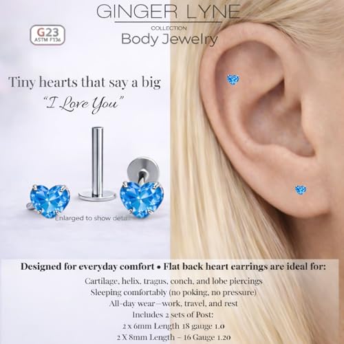 Titanium Heart CZ Labret Stud Earrings for Piercings by Ginger Lyne 6Pc Set G23 Screw Front Flat Back Body Jewelry 2 pair post 6mm, 8mm Cartilage, Helix, Tragus, Lip, Conch, Lobe - color: 5mm-Blue