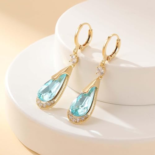Trendy Austrian Crystal Teardrop Drop Huggie Dangle Earrings for Women 14k Rose Gold Plated Hypoallergenic Jewelry Gifts - color: Aquamarine