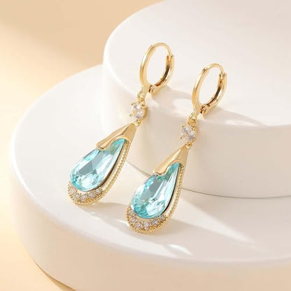 Trendy Austrian Crystal Teardrop Drop Huggie Dangle Earrings for Women 14k Rose Gold Plated Hypoallergenic Jewelry Gifts - color: Aquamarine