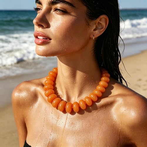 CSIYANJRY99 Chunky Beaded Necklace for Women, Large Colorful Resin Beads Statement Necklace, Boho Summer Beach Vacation Jewelry Gifts - color: Orange