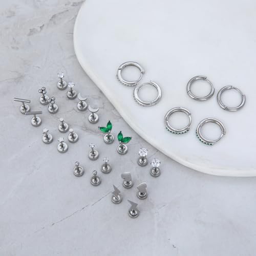 Stainless Steel Stud Earrings Set for Women Hypoallergenic Flat Back Cartilage Earrings Screw Back Huggie Hoop Earrings Multiple Piercing Cubic Zirconia Helix Tragus Jewelry - color: Set-D-Silver