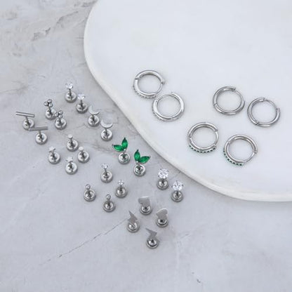 Stainless Steel Stud Earrings Set for Women Hypoallergenic Flat Back Cartilage Earrings Screw Back Huggie Hoop Earrings Multiple Piercing Cubic Zirconia Helix Tragus Jewelry - color: Set-D-Silver