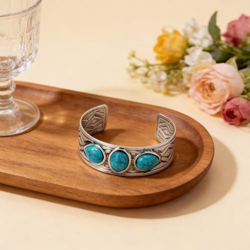 Western Turquoise Cuff Bracelet for Women, Silver-Tone Concho Boho Bracelet Southwestern Jewelry Adjustable Western Bangle for Rodeo Country Outfit Gifts