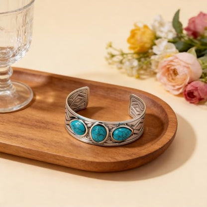 Western Turquoise Cuff Bracelet for Women, Silver-Tone Concho Boho Bracelet Southwestern Jewelry Adjustable Western Bangle for Rodeo Country Outfit Gifts