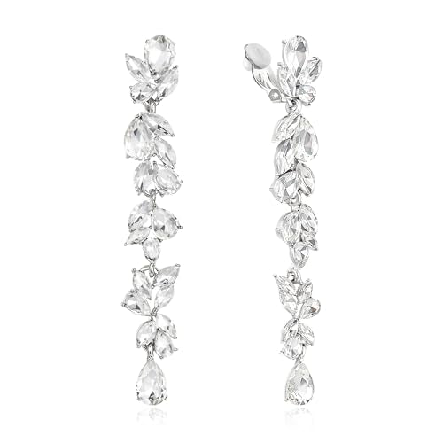 Crysdue Clip On Earrings for Women Rhinestone Crystal Teardrop Cluster Wedding Bridal Non Pierced Long Dangle Earring for Prom Party - color: Clear Silver-Tone