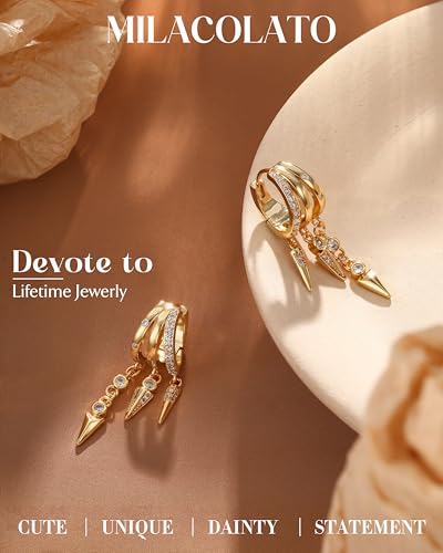 MILACOLATO 925 Sterling Silver Dangle Earrings for Women Hypoallergenic | Trendy 14K Gold Plated Triple Huggie Hoop Earrings Dainty Chain Drop Cubic Zirconia Earring Statement Hoops Fashion Jewelry - color: 3 Arrows