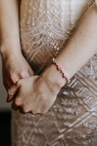 SWEETV Wedding Teardrop Bracelets for Brides Bridesmaids, Crystal Cubic Zirconia Bridal Bracelets for Women Prom - color: Rose Gold