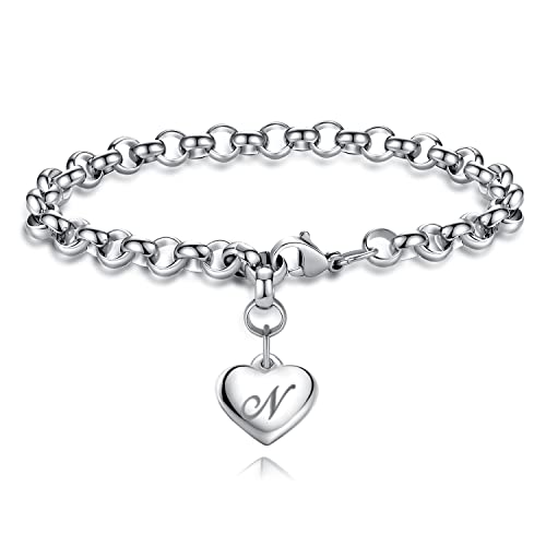 TONY & SANDY Initial Charm Bracelets for Girls Women Stainless Steel A-Z Bracelet Personalized Gifts Birthday Graduation Easter Basket Stocking Stuffers for Teens Girls Women Jewelry - style: N - Heart