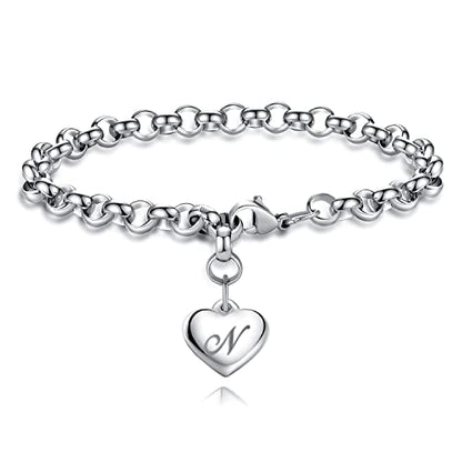 TONY & SANDY Initial Charm Bracelets for Girls Women Stainless Steel A-Z Bracelet Personalized Gifts Birthday Graduation Easter Basket Stocking Stuffers for Teens Girls Women Jewelry - style: N - Heart