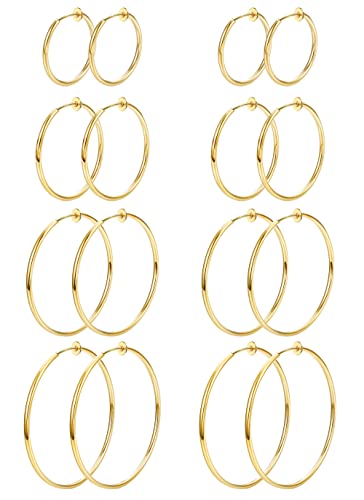 Magitaco 8 Pairs Clip On Hoop Earrings Stainless Steel Clip On Earrings for Women Fake Hoop Earring Spring Hoop Earring For Non-Pierced Ears - color: A:Gold Tone