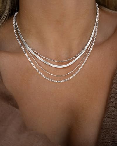 Tewiky Layered Necklaces for Women 14k Gold Plated Chain Necklace Set | Chunky Herringbone/Snake/Rope/Box/Cuban Link Chain for Women, Layering Stack Choker Necklace, Dainty Jewelry Set Non Tarnish - color: 4 Layered Necklace Silver
