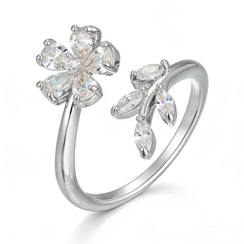 Ladies' Alloy Flower Leaf Open Ring, Silver Tone with Crystal Accents, Adjustable - color: Silver