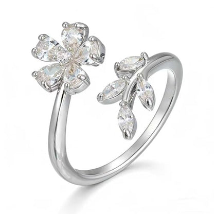 Ladies' Alloy Flower Leaf Open Ring, Silver Tone with Crystal Accents, Adjustable - color: Silver
