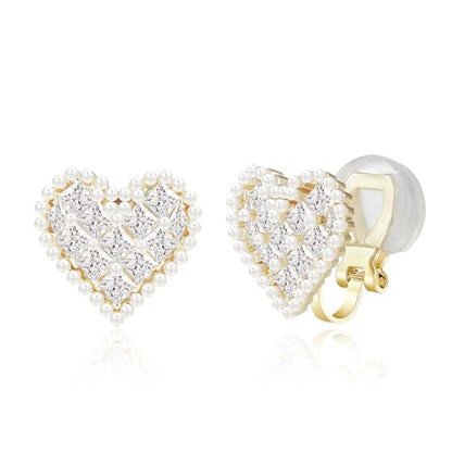 YOQUCOL Simulated Pearl Flower-Cluster Shape Clip On Stud Earrings Non Pierced Ear Earrings for Women - color: Heart-B
