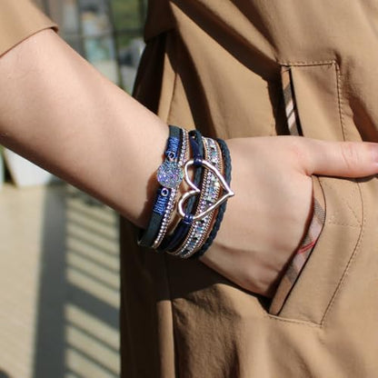 Womens Love Heart Leather Wrap Bracelet Multi-layer Stacked Bangle | Magnetic Clasp Soft PU Leather Resin Stone Rhinestone Boho Style Birthday Valentine Christmas Bohemian Jewelry Gift - color: Navy Blue