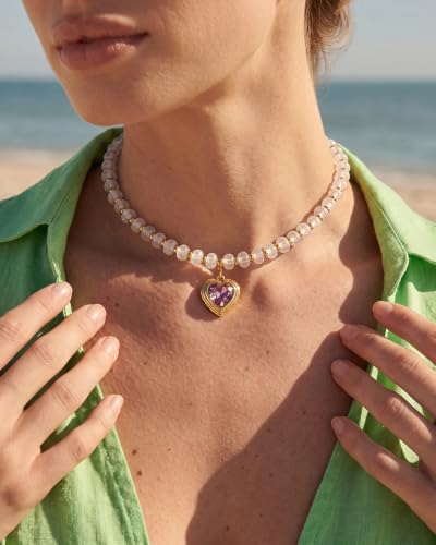 Boho Beaded Choker Necklaces for Women with A Gold Heart CZ - color: White