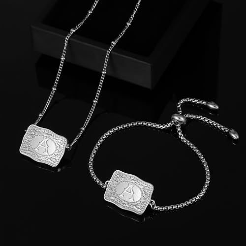 2 Pcs Belt Buckle Initial Necklace Bracelet Jewelry Set for Women, 18K Gold/Silver Plated Belt Buckle Initial A-Z Necklace Bracelet Set Unique Western Style Jewelry Gifts - style: T