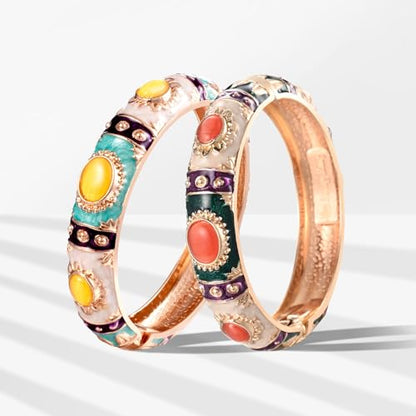 UJOY Handcraft Cloisonne Jewelry Bracelet Colorful Enamel Butterfly Flower Bird Hollowed Spring Hinged Cuff Bangles Women Gifts Pack in Box 88A11 - color: 7735-2 PCS-Cream White