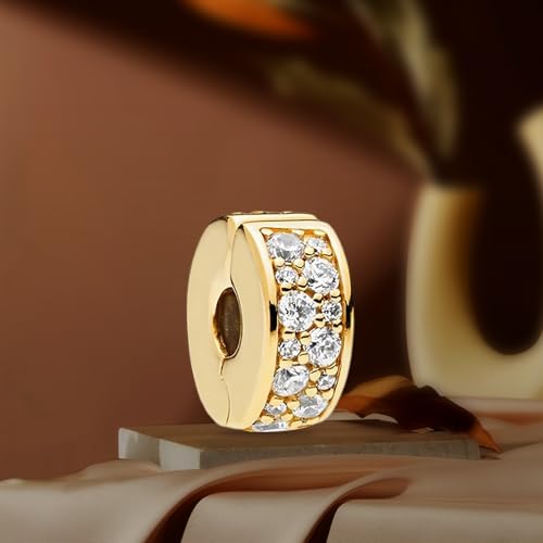 Annmors S925 Clip Spacer Safety Chain Stopper Charms for Pandora, Gift Mom Daughter Friend Sister Wife Grandma Girlfriend Fmaily On Christmas Mothers Valentines Halloween Graduation - color: B01-2pcs Gold Clear Pavé Clip Charms
