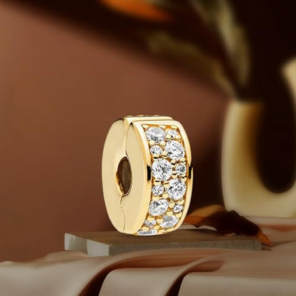 Annmors S925 Clip Spacer Safety Chain Stopper Charms for Pandora, Gift Mom Daughter Friend Sister Wife Grandma Girlfriend Fmaily On Christmas Mothers Valentines Halloween Graduation - color: B01-2pcs Gold Clear Pavé Clip Charms