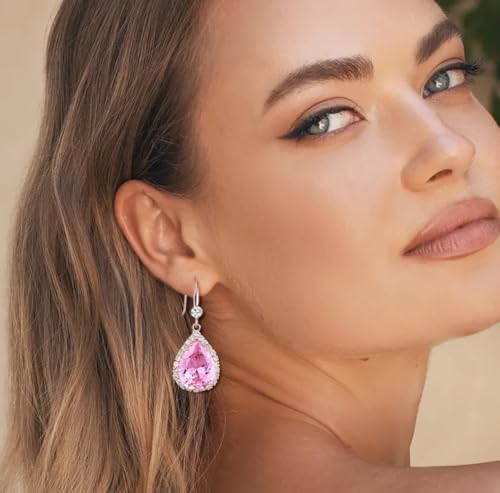 Crystal Drop Earrings for Women Cubic Zirconia Teardrop Earrings Sparkling Rhinestone Dangle Earring - color: Gold Pink