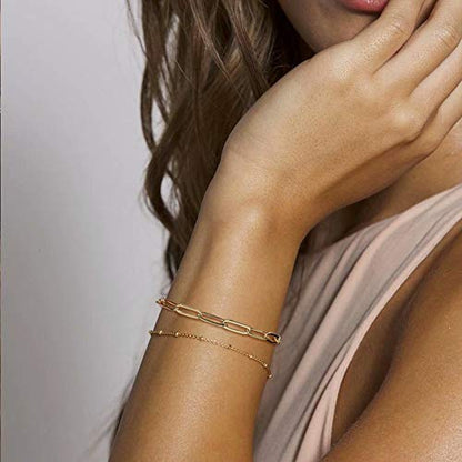 Dainty Gold Bracelets for Women, 14K Gold Plated Adjustable Layered Beads Bracelet Cute Evil Eye Oval Chain Pearl Bar Turtle Gold Bracelets for Women Jewelry - style: "Beads Chain&Oval chain