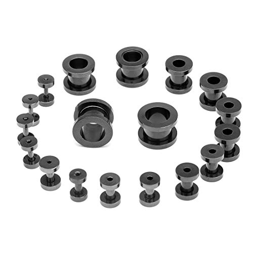 18PCS Ear Tunnels Kit Stainless Steel Screw Fit 14G-00G Gauges Plugs Set Double Flared Stretcher Expander Body Piercing Jewelry - color: Black