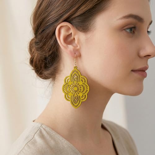 Boho Black Filigree Dangle Earrings for Women, Lightweight Hollow Lace Drop, Wood, 3.34" x 1.69", Bohemian Jewelry - color: Yellow