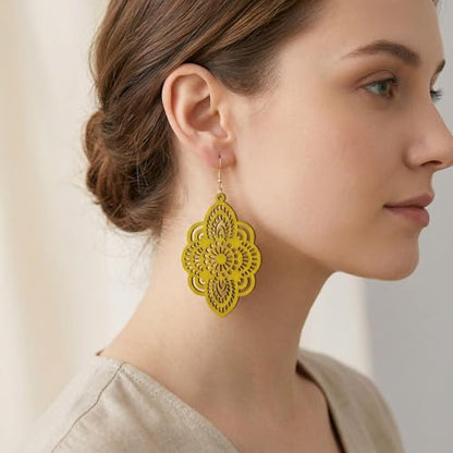 Boho Black Filigree Dangle Earrings for Women, Lightweight Hollow Lace Drop, Wood, 3.34" x 1.69", Bohemian Jewelry - color: Yellow