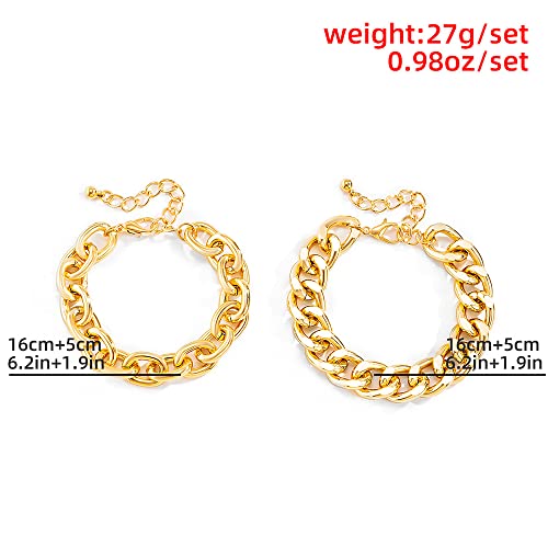 Boho Fashion Dainty Simple Gold Silver Chain Beads Bracelets Set for Women Adjustable Beaded Chunky Flat Cable Chain Punk Bracelets Jewelry for Women Set of 2(Gold) - color: Gold