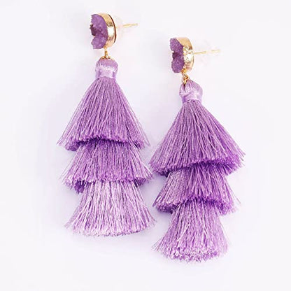 Bohemian Tiered Tassel Earrings with Druzy Stud for Women | Long Layered Fringe Drop Earrings, Statement Jewelry for Party Beach Festival - color: Purple