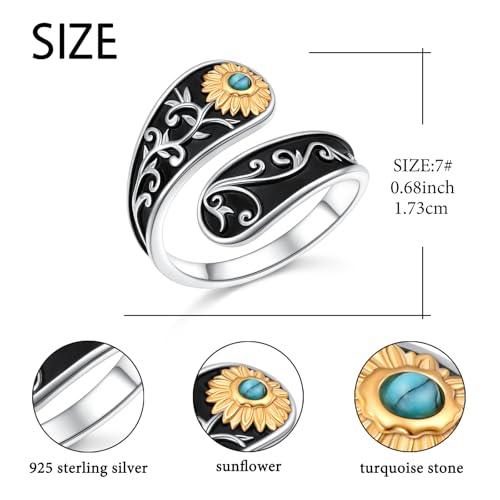 FLYOW Sterling Silver Sunflower Spoon Ring Victorian Style Boho Antique Flower Adjustable Open Ring Retro Statement Cubic Zirconial/Turquoise/Oxidized Thumb Rings for Women Birthday Christmas Jewelry - style: Turquoise-7