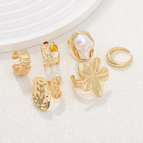 Chunky Rings for Women Stackable Vintage Adjustable Rings for Women Gold Statement Stone Ring Set Non Tarnish Vintage Jewelry - style: Gold 6