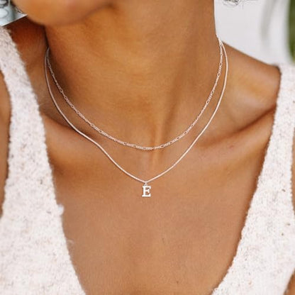 MBW Dainty Silver Layered Initial A-Z Pendant Necklaces for Women Thin | Simple Waterproof 925 Silver Plated Necklace Figaro Choker Monogram Name Jewelry Set Personalized - color: Silver InitIal NK-E