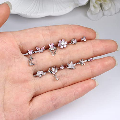 Sanfenly 12 PCS 20G Nose Rings Surgical Stainless Steel, L Shaped Nose Studs for Women Men, CZ Heart Butterfly Flower Leaf Moon Dangle Cute Nose Piercings Studs Screw Jewelry Pink/Purple/Blue/Clear - color: Screw Pink